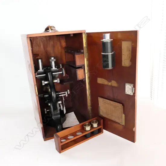 MAHOGANY CASED HIGH POWER BINOCULAR MICROSCOPE by W. WATSON & SONS LTD., LONDON , c.1946